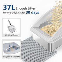 Stainless Steel Cat Litter Box, Extra Large Litter Boxes for Big Cats, XL Metal Cat Litter Box with Lid, Anti-Urine Leakage, Non-Sticky, Include Cat Mat and Litter Scoop