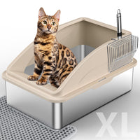 Stainless Steel Cat Litter Box, Extra Large Litter Boxes for Big Cats, XL Metal Cat Litter Box with Lid, Anti-Urine Leakage, Non-Sticky, Include Cat Mat and Litter Scoop