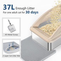 Stainless Steel Cat Litter Box, Extra Large Litter Boxes for Big Cats, XL Metal Cat Litter Box with Lid, Anti-Urine Leakage, Non-Sticky, Include Cat Mat and Litter Scoop