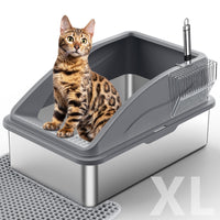 Stainless Steel Cat Litter Box, Extra Large Litter Boxes for Big Cats, XL Metal Cat Litter Box with Lid, Anti-Urine Leakage, Non-Sticky, Include Cat Mat and Litter Scoop