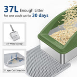 Stainless Steel Cat Litter Box, Extra Large Litter Boxes for Big Cats, XL Metal Cat Litter Box with Lid, Anti-Urine Leakage, Non-Sticky, Include Cat Mat and Litter Scoop