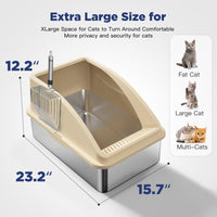 Stainless Steel Cat Litter Box, Extra Large Litter Boxes for Big Cats, XL Metal Cat Litter Box with Lid, Anti-Urine Leakage, Non-Sticky, Include Cat Mat and Litter Scoop